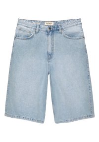 Shorts en denim bleu clair avec une coupe ample, dotés de cinq poches, d'une fermeture à bouton et d'une coupe droite. Texture lisse, design décontracté.