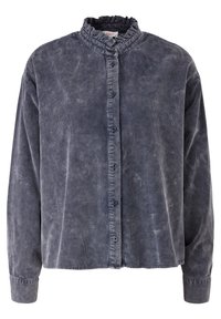 Camicia con bottoni in denim lavato, con colletto arricciato, maniche lunghe e una vestibilità comoda, caratterizzata da cuciture evidenti e bottoni blu.