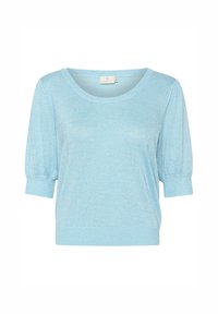 Lyseblå kortærmet sweater med rund halsudskæring og ribbede manchetter og kant, lavet af et blødt strikstof.