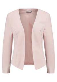 Blazer rose clair pour femme, manches longues, ouverture avant, tissu subtilement texturé.