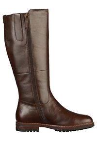 Brązowy kozak sięgający do kolana ze skórzaną cholewką, zamkiem błyskawicznym po boku, gładką fakturą, zaokrąglonym noskiem oraz solidną, protektorową podeszwą zapewniającą przyczepność.