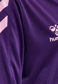 Paarse sportshirt met roze diagonale strepen en een logo. Gladde textuur en modern ontwerp, geschikt voor sport of casual draag.