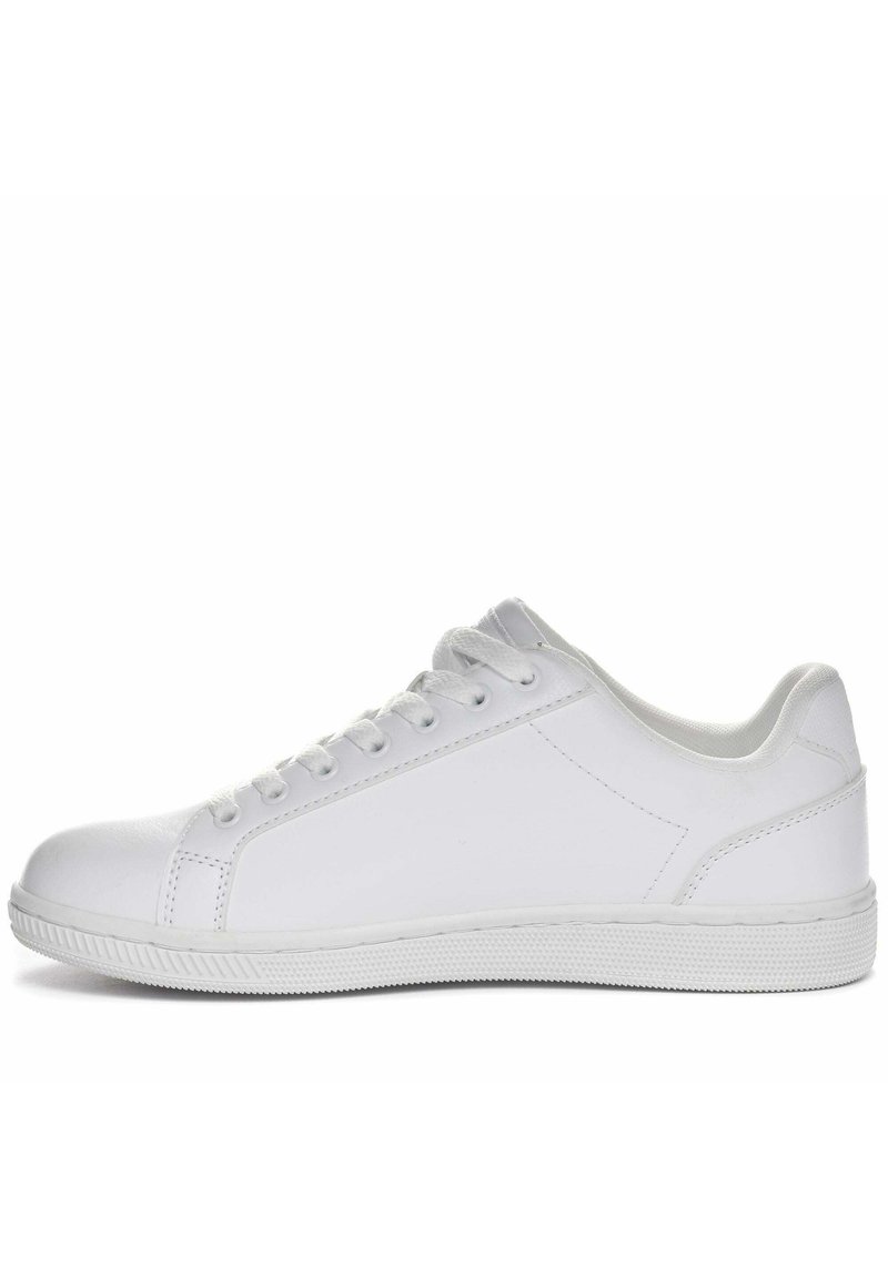 Scarpa da ginnastica bianca con tomaia in pelle liscia, punta rotonda, allacciatura frontale e suola in gomma con texture. Design minimalista senza motivi.