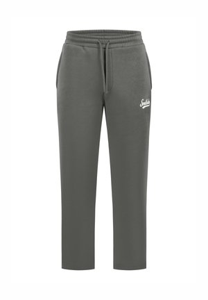 Pantaloni grigi in felpa realizzati in tessuto morbido, con vita elastica, cordoncino regolabile e un logo bianco sulla coscia sinistra.