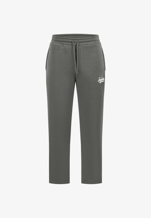 Grijze sweatpants gemaakt van zachte stof met een elastische tailleband, verstelbaar trekkoord en een wit logo op de linker bovenbeen.