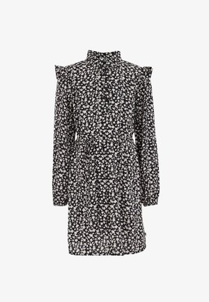 Robe noire à manches longues avec un petit imprimé floral blanc, boutonnée à l'avant, détails à volants aux épaules et taille ajustée.
