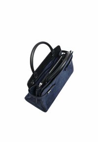 Borsa in suede blu navy con dettagli in pelle nera, doppi manici superiori, molteplici scomparti e tasca con zip all'interno.