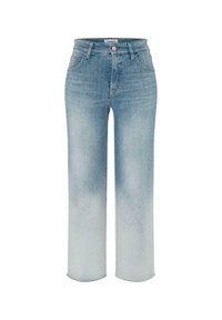 Jeans de denim azul claro con un diseño de pierna recta, que presentan un desvanecimiento gradual de oscuro a claro, con cinco bolsillos y un cierre frontal con botón.