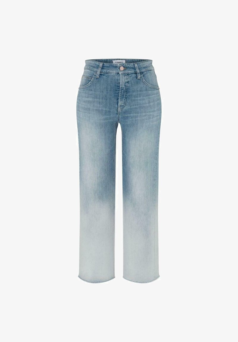 Jeans de denim azul claro con un diseño de pierna recta, que presentan un desvanecimiento gradual de oscuro a claro, con cinco bolsillos y un cierre frontal con botón.