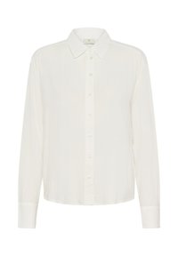 Hvid langærmet skjorte med klassisk krave, frontknaplukning og en let, glat tekstur. Enkel og alsidig design.