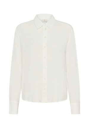 La camicia bianca a maniche lunghe presenta un colletto classico, chiusura frontale con bottoni e una texture leggera e liscia. Design semplice e versatile.