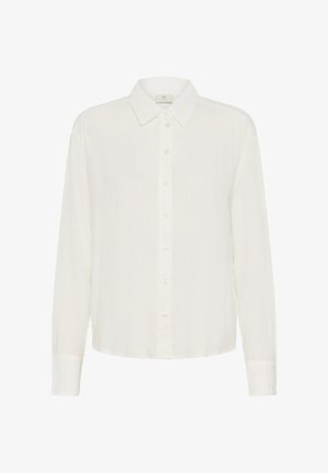 Weißes Langarmhemd mit klassischem Kragen, vorderem Knopfverschluss und einer leichten, glatten Textur. Schlichtes und vielseitiges Design.