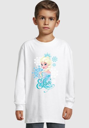 Valge pika varrukaga T-särk, millel on värvikas graafika Elsast filmist "Frozen", koos lumehelveste aktsentidega ja tema nimega sinises kirjas.