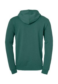 Donkergroene hoodie, gemaakt van katoen, met lange mouwen, kangoeroezak aan de voorkant, ribbels aan de mouwen en onderkant, gladde textuur, effen kleur.