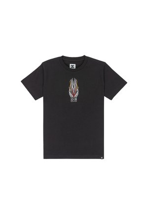 Schwarzes Baumwoll-T-Shirt mit einem bunten Flammendesign und Logo auf der Vorderseite. Klassisches Rundhalsdesign mit kurzen Ärmeln.