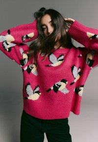 Rosa übergroßer Pullover mit Vogelmustern in Gelb, Grau und Schwarz. Mit gerippten Bündchen und Saum, aus einem weichen, strukturierten Material gefertigt.