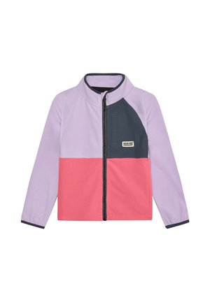 Fleecejakke i lilla, pink og marineblå med fuld lynlås, stand-up krave og blød tekstur. Forlomme med logodetalje.