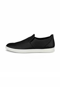 Scarpa nera in pelle elastica con superficie texturizzata, suola in gomma bianca e design minimalista. Nessun lacci o abbellimenti visibili.