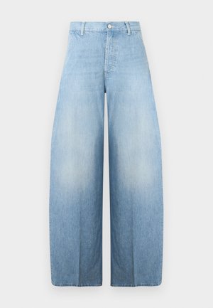 Light blue high-waisted denim jeans with wide legs, belt loops, front button, and zip closure on a white background.