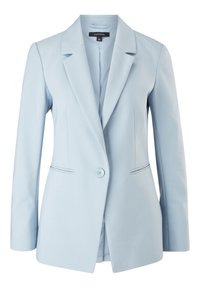 Ljusblå kavaj med enstaka knappstängning, slagkrage och två framfickor med rena linjer och mjuk textur.