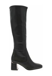 Botte noire montée à mi-mollet avec un design épuré, fabriquée en matériau lisse, avec un talon carré et une marque discrète sur le côté.