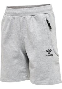 Graue Sweat-Shorts aus einem weichen Baumwollmix, mit elastischem Bund, Seitentasche und einem schwarzen gestickten Logo am Saum.