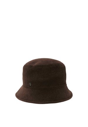 Dark brown wool bucket hat with a small round metal logo on the side, soft texture, and a downward sloping brim.