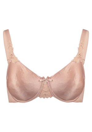 Lichtbeige beha met voorgevormde cups, kantdetails in het midden en een satijnen uitstraling. Verstelbare bandjes en een klein strikje aan de voorkant.