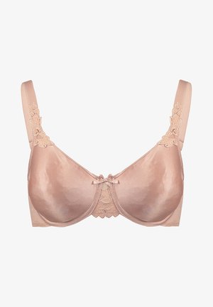 Gaiši beidžs krūšturis ar veidotiem kausiem, ar mežģīņu detaļām centrā un satīna tipa tekstūru. Regulējami siksnas un mazs mezgls priekšpusē.