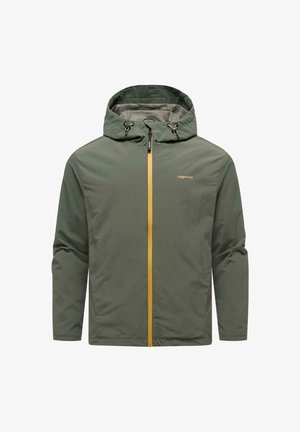 Vaaleanoliivinvihreä huppari, jossa keltainen vetoketju ja kiristysnauhat sekä pieni "ragwear"-logo vasemmassa rinnassa.
