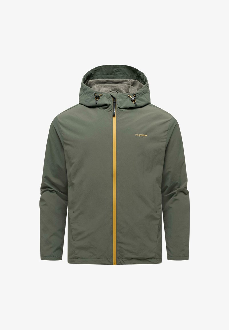 Veste à capuche vert olive clair avec fermeture éclair jaune et cordons, présentant un petit logo "ragwear" sur le côté gauche de la poitrine.