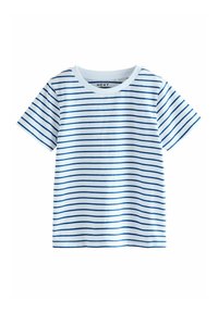 Hvid t-shirt med korte ærmer og tynde vandrette navy blå striber, med rund halsudskæring og en "NEXT" mærke indeni kraven.