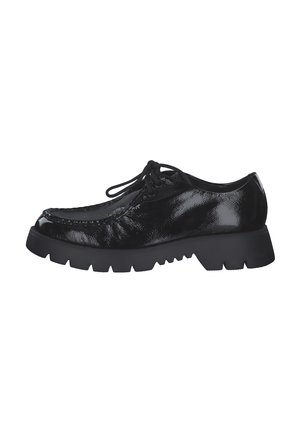 Black patent leather shoe with a rounded toe, lace-up design, and a thick, rugged sole featuring zigzag pattern details.
