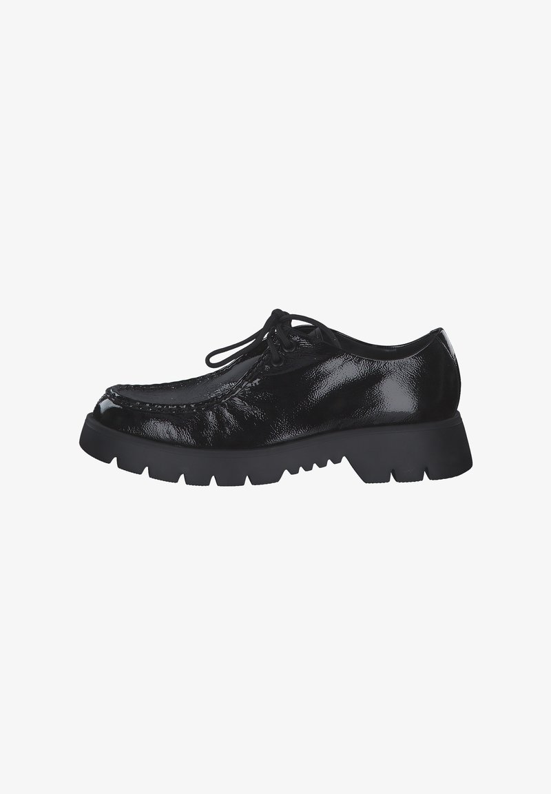Schwarze Lacklederschuhe mit runder Zehenform, Schnürdesign und einer dicken, robusten Sohle mit Zickzack-Muster.