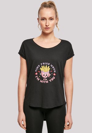 Black short-sleeve t-shirt featuring a colorful graphic of a smiling French fry container with the text "Time Fries When I'm With You."