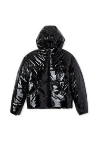 Giacca a vento nera lucida con cappuccio, caratterizzata da grandi sezioni trapuntate e due tasche laterali. Il materiale appare lucido e texturizzato.