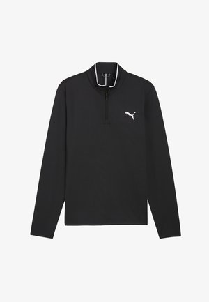Black long-sleeve pullover with a high collar, half zip closure. Features white accent stitching and a small white logo on the chest.