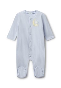 Světle modrý dětský overal vyrobený z jemné bavlny, s dlouhými rukávy, zapínáním na cvoky vpředu a ilustrací králíka s lunárními motivy.