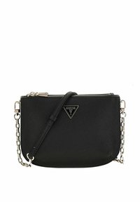 Borsa a tracolla nera realizzata in materiale testurizzato, con chiusura a zip, tracolla regolabile e un accento a logo triangolare.