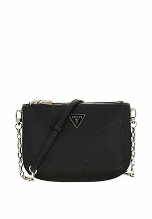 Borsa a tracolla nera realizzata in materiale testurizzato, con chiusura a zip, tracolla regolabile e un accento a logo triangolare.