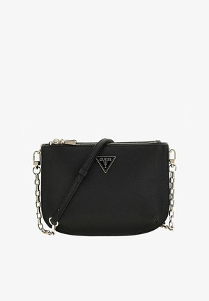 Borsa a tracolla nera realizzata in materiale testurizzato, con chiusura a zip, tracolla regolabile e un accento a logo triangolare.