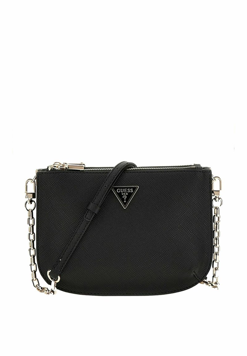 Borsa a tracolla nera realizzata in materiale testurizzato, con chiusura a zip, tracolla regolabile e un accento a logo triangolare.