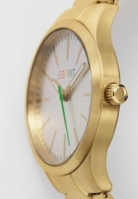 Orologio dorato con quadrante bianco, lancetta dei secondi verde e bracciale in metallo liscio. Caratterizzato da un design minimalista e da chiari indicatori delle ore.