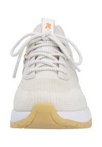 Lightweight athletic shoes made of textured fabric in cream, featuring a white midsole and a rubber outsole, with orange logo detail.