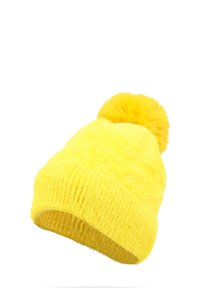 Berretto di lana giallo realizzato in materiale morbido e soffice; presenta un bordo a coste e un grande pom-pom sulla parte superiore.