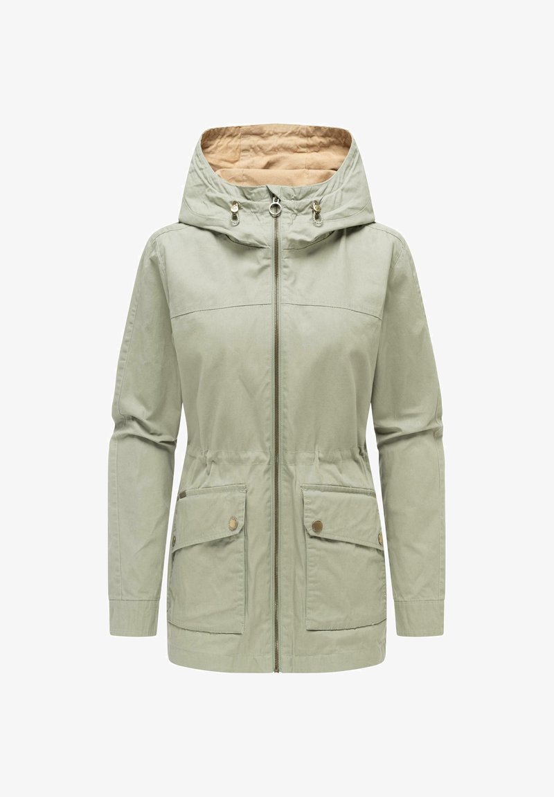 Lichtbeige jack met capuchon, voorzien van een ritssluiting aan de voorkant, verstelbare koordjes aan de capuchon, lange mouwen en twee grote klepzakken aan de voorkant met knoopsluitingen.