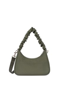 Borsa a spalla verde oliva realizzata in un tessuto texturizzato, dalla forma curvata, con tracolla arricciata e dettagli in cerniera argentata. Tracolla etichettata con "LANE."