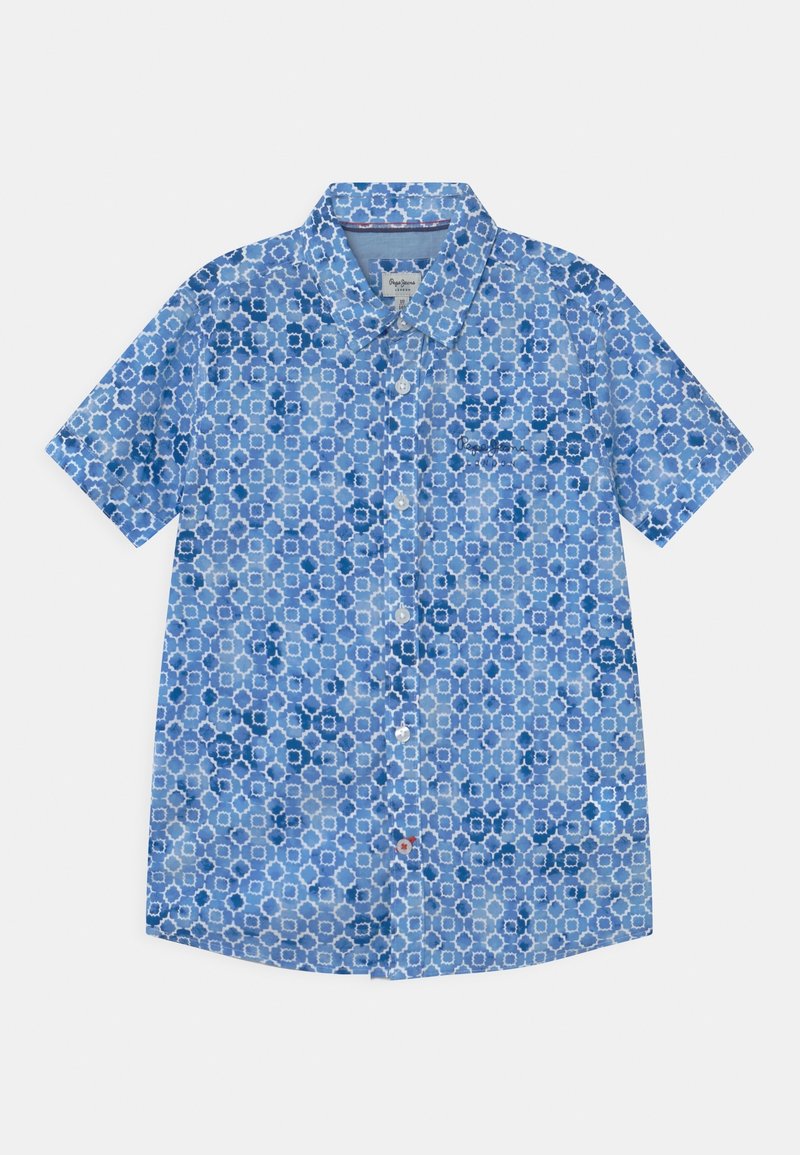 Camicia a maniche corte con bottoni in blu con motivo geometrico, dotata di colletto aperto, tessuto morbido e un piccolo dettaglio con logo.