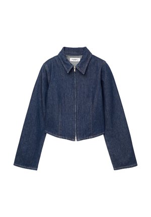 Gekürzte Jeansjacke mit Reißverschluss, dunkelblauer Farbe, Kragen, langen Ärmeln und sichtbaren Nähtendetails.