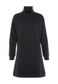 Schwarzes langärmeliges Kleid mit einem Halb-Reißverschluss-Kragen. Verfügt über seitliche Akzente mit weißen Texten entlang der Ärmel. Hergestellt aus einem strukturierten Baumwoll-Mix.